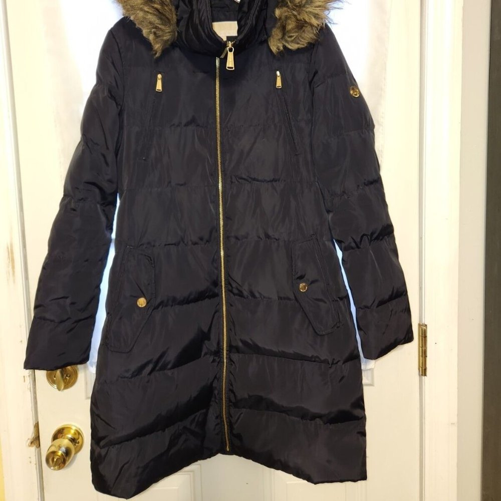 Michael Kors Faux Fur Trim Hooded Quilted Down Puffer Coat Women's Small Black - Picture 2 of 9